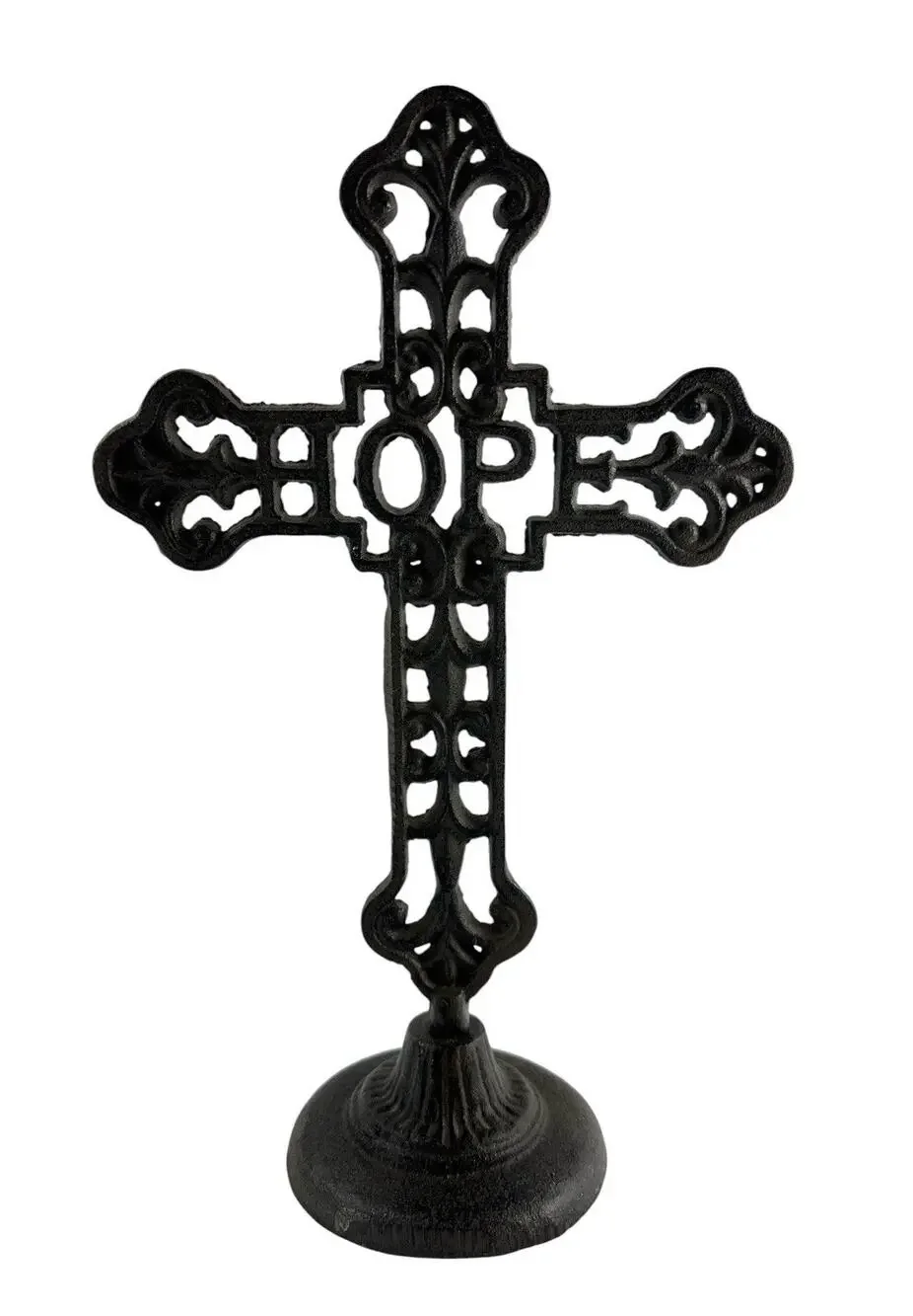 Cast Iron Standing Cross HOPE Ornate Scrollwork Religious Decor 12”